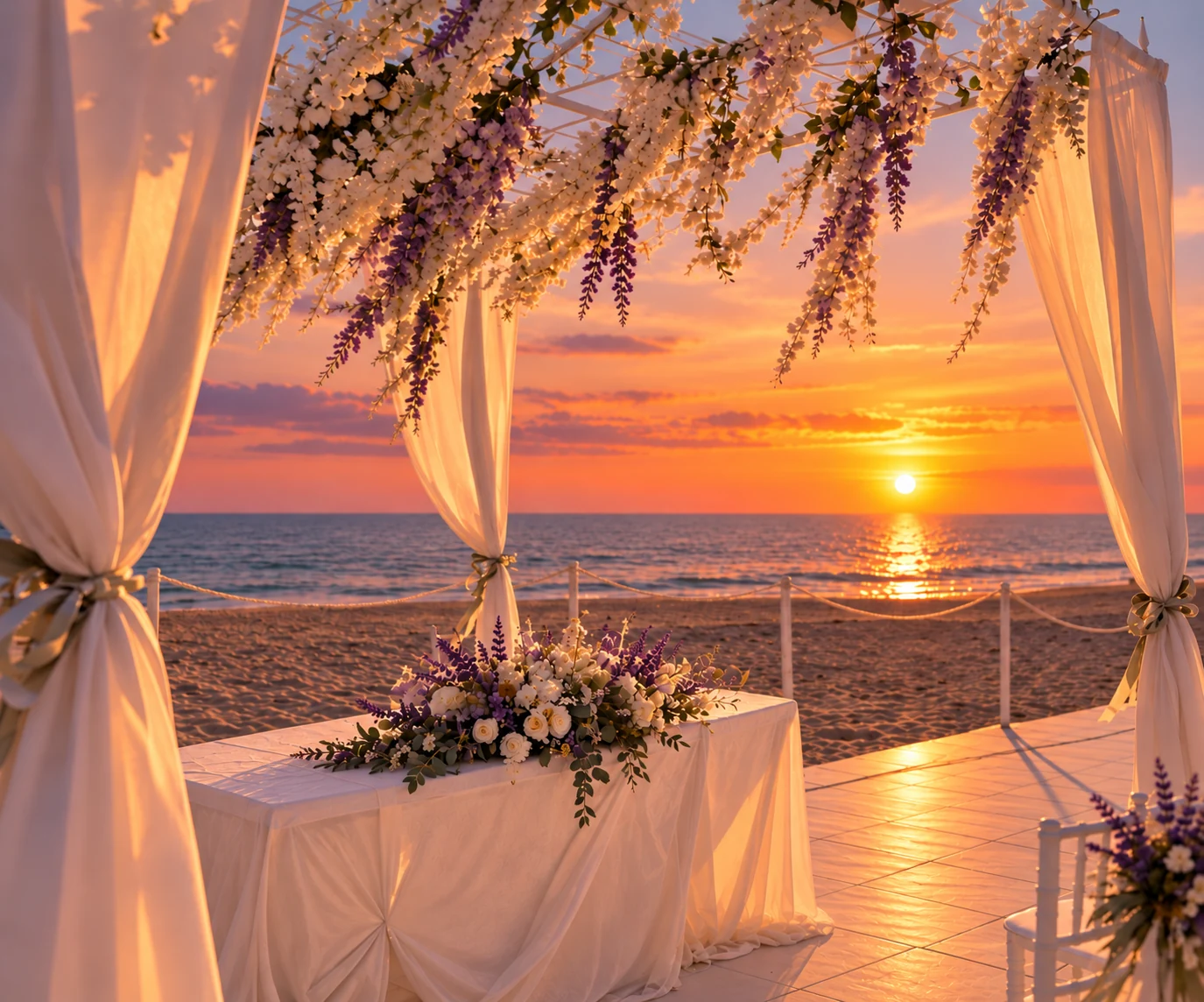 Allestimento nuziale con fiori e tende bianche sul mare al tramonto
